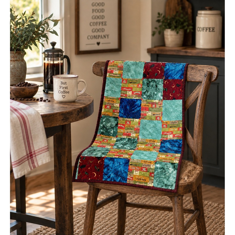 Handmade Coffee Quilt Reversible Handbag Print 40x36 Cottage Throw